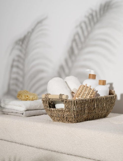 StorageWorks Small Baskets for Shelf, Seagrass Woven Basket with Wooden Handles for Gifts, 2-Pack