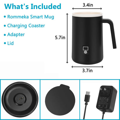 Rommeka Self Heating Coffee Mug, 12oz Temperature Control Smart Mug with Lid, Smart Coffee Mug with LCD Display (122-140°F) for Warming and Heating Coffee, Beverage, Milk, Tea