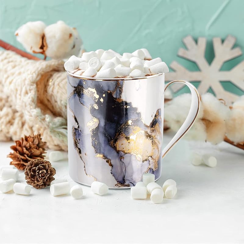 Marble Gold 14 oz Ceramic Coffee Mug - Gift Gift for Women, Black & Gold Marble