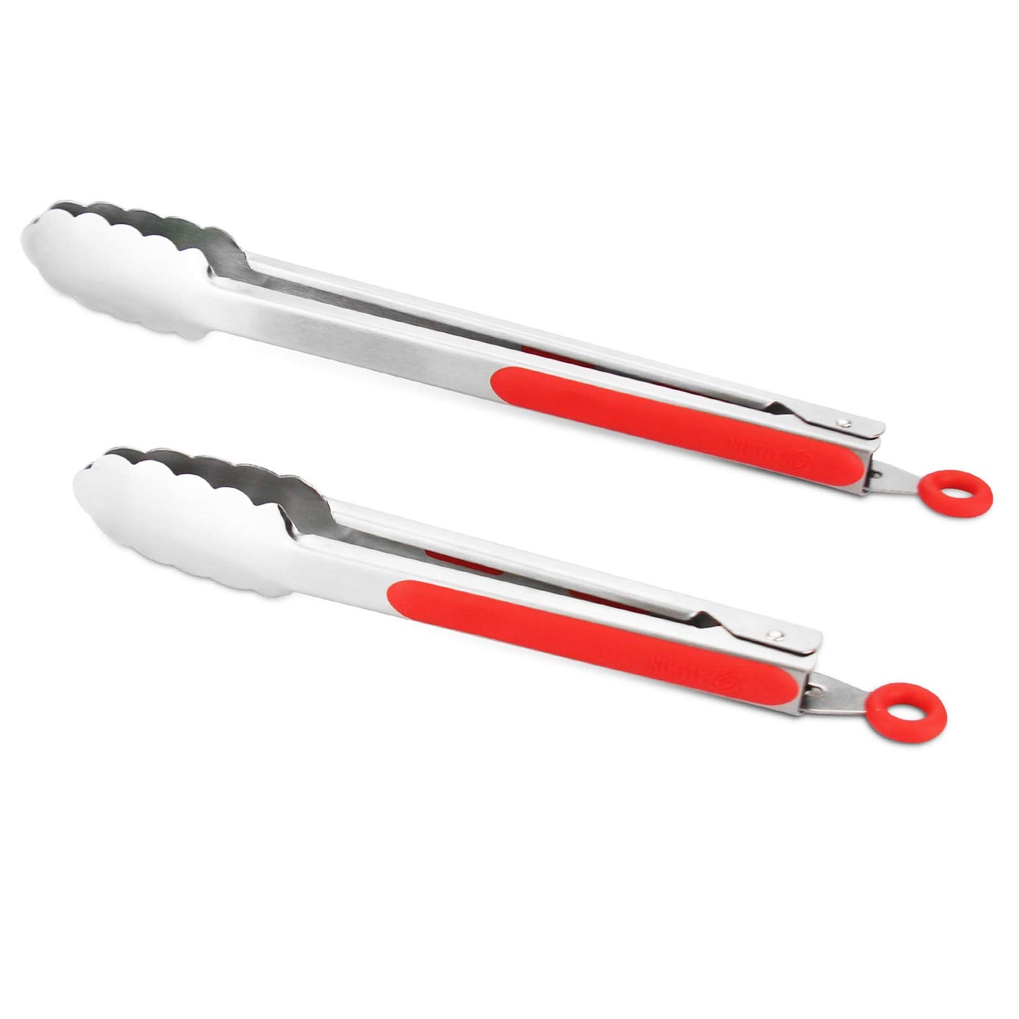 304 Stainless Steel Kitchen Cooking Tongs, 9" and 12" Set of 2 Sturdy Grilling Barbeque Brushed Locking Food Tongs with Ergonomic Grip, Red