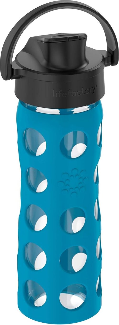 Lifefactory 16-Ounce Glass Water Bottle - Active Flip Cap & Silicone Sleeve | Teal Lake