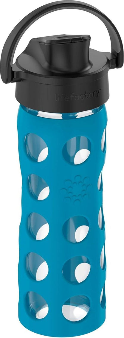 Lifefactory 16-Ounce Glass Water Bottle - Active Flip Cap & Silicone Sleeve | Teal Lake