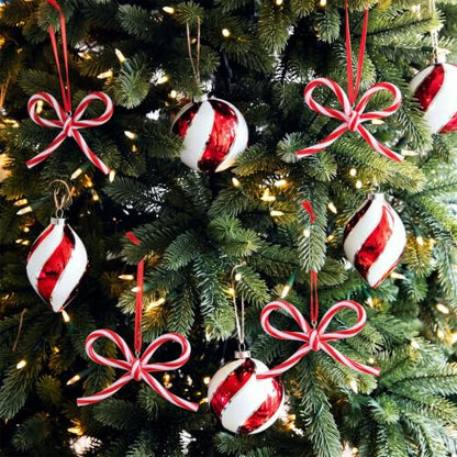Candy Bow Ornaments for Christmas Tree Decorations - 24 Pieces, Candy Cane Style