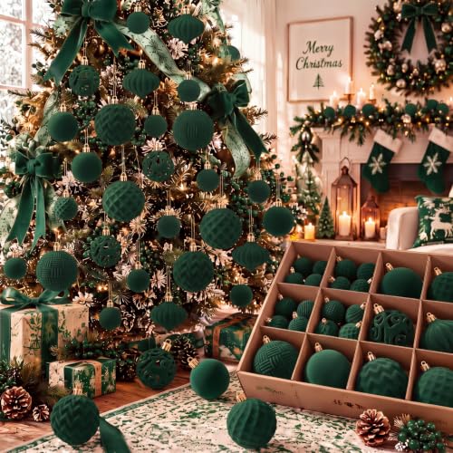 Velvet Christmas Ornaments Set 46 pcs Forest Green Shatterproof Holiday Decor - Variation of THIS listing