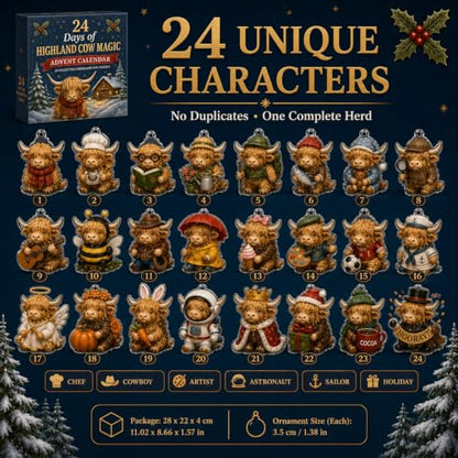Highland Cow Advent Calendar 2026 - 24 Days Christmas Countdown Decor, Cow Figurines