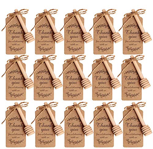 Amajoy 50PCS Small Wood Honey Dipper Sticks with Thank You Escort Card and Twine Server for Honey Jar Dispense Drizzle Honey Wedding Party Favor Baby Shower