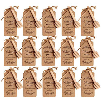 Amajoy 50PCS Small Wood Honey Dipper Sticks with Thank You Escort Card and Twine Server for Honey Jar Dispense Drizzle Honey Wedding Party Favor Baby Shower