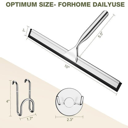 FARMER Shower Squeegee for Glass Doors, 10-Inch Glass Squeegee for Windows, Car Glass and Mirrors, Multi-Purpose Stainless Steel Squeegee with Suction Wall Hook and Over Door Hook, Silver