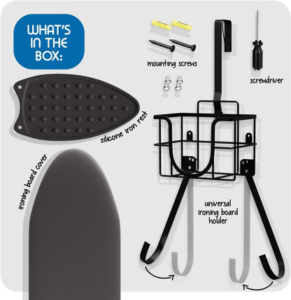 T&V Ironing Board Holder - Wall Mount & Over The Door Hanger for Laundry Room | Heat Reflective & Stain Resistant Cover Set