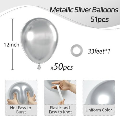 Awenztech Metallic Silver Balloons - 12 Inch Chrome Latex Balloons | 50pcs for Weddings, Graduations & Parties