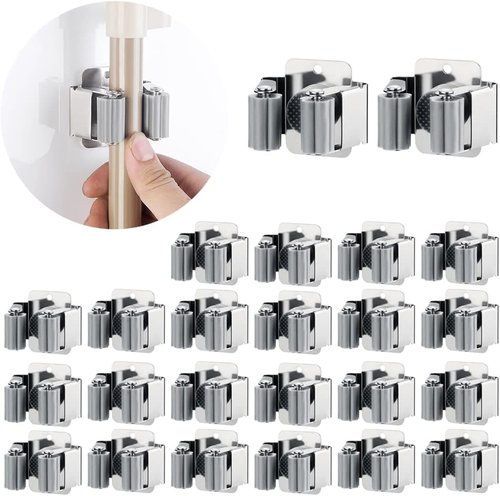 JAMEND CLXP 24 PCS Broom and Mop Holder - Heavy Duty Wall Mounted Organizer Rack | Stainless Steel Finish