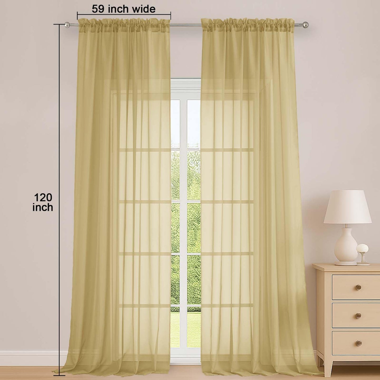 OWENIE Gold Sheer Curtains 120 Inches Long 2 Panels Set, Airy Lightweight Sheer Gold Curtains for Living Room Bedroom, Farmhouse Voile Filmy Rod Pocket Curtains Drapes, 2 Pcs, Each 59" Wx120 L Inch