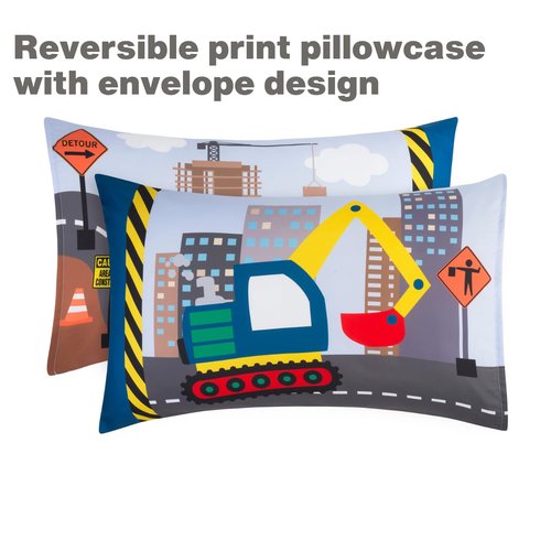 EVERYDAY KIDS 4 Piece Toddler Bedding Set - Under Construction - Includes Comforter, Flat Sheet, Fitted Sheet and Reversible Pillowcase