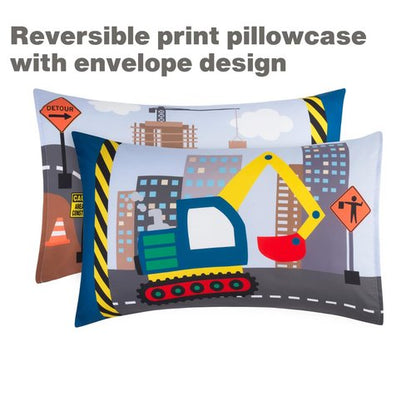 EVERYDAY KIDS 4 Piece Toddler Bedding Set - Under Construction - Includes Comforter, Flat Sheet, Fitted Sheet and Reversible Pillowcase