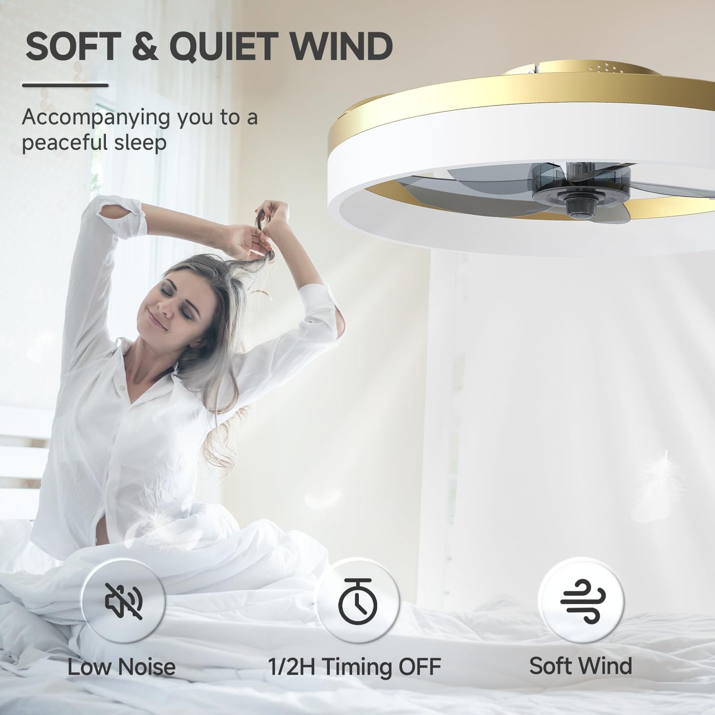 VOLISUN Low Profile Ceiling Fans with Lights and Remote, 19.7in Fandelier Ceiling Fan with Light, 3000K-6500K Dimmable Bladeless LED Fan Light, Gold Flush Mount Ceiling Fans with Lights for Bedroom