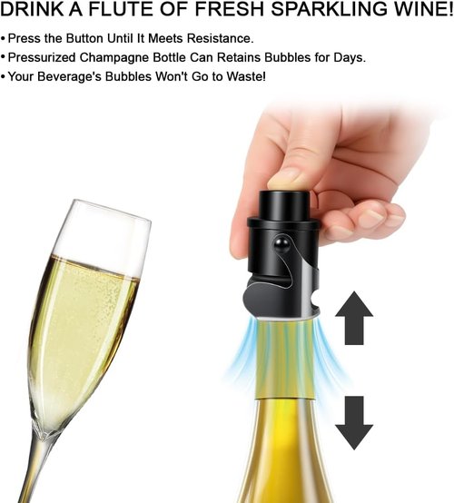 Champagne Stoppers for Bottles Stainless Steel with Built-in Pump Prosecco Bottle Sealer Stopper Saver 2 Pack