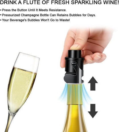 Champagne Stoppers for Bottles Stainless Steel with Built-in Pump Prosecco Bottle Sealer Stopper Saver 2 Pack