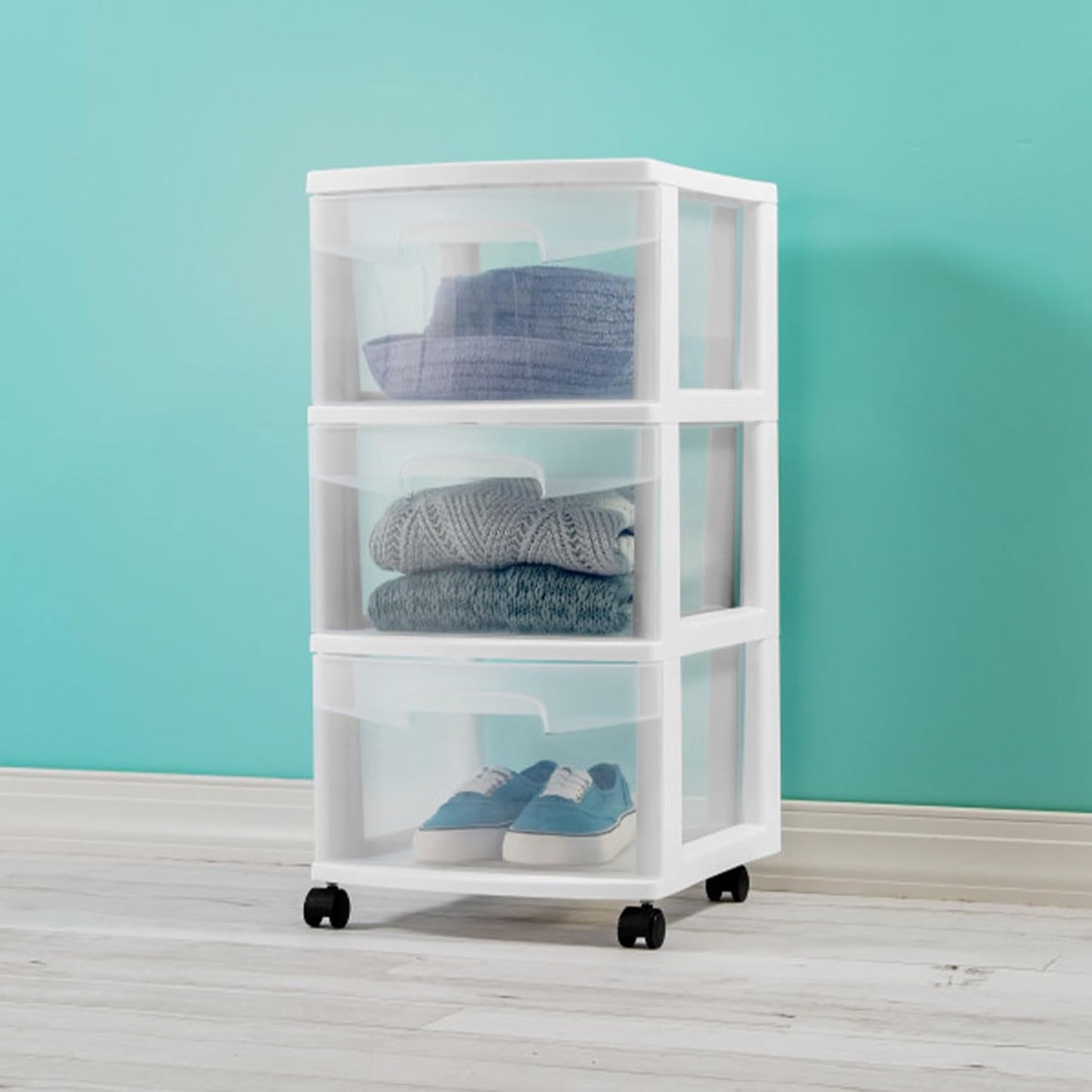 Sterilite 3-Drawer Rolling Storage Organizer - Versatile Plastic Bin Cart for Closet | White, 6-Pack
