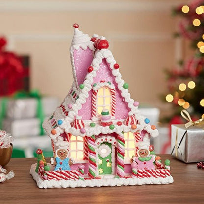 Kurt Adler 10-Inch Pink LED Gingerbread House - Battery-Operated Table Decor Piece