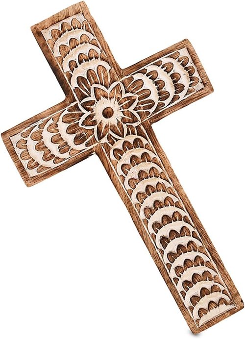 EDHAS Mango Wood Family Cross Decor - White Floral Carved Design | 10" x 6" x 0.5" Home Accent