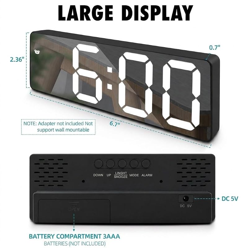 Digital Mini Clock LED Display Black With White Digits