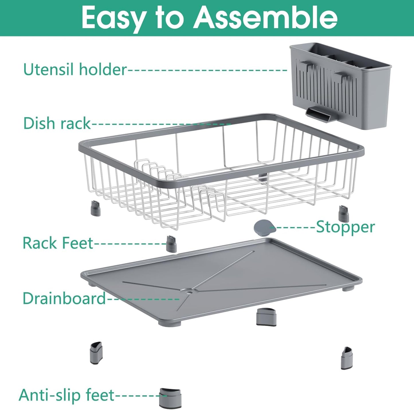 Skiennix Dish Drying Rack - Space-Saving Kitchen Rack with Drainboard & Removable Utensil Holder | Gray