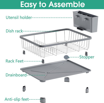 Skiennix Dish Drying Rack - Space-Saving Kitchen Rack with Drainboard & Removable Utensil Holder | Gray