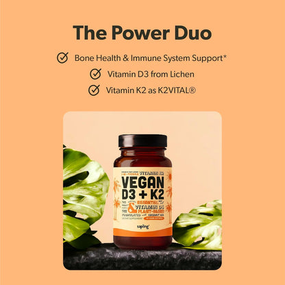 Sapling Vegan Vitamin D3 + K2 Supplement - 4000 IU Vitamin D & 100mcg K2 for Bone Health | 60 Softgels
