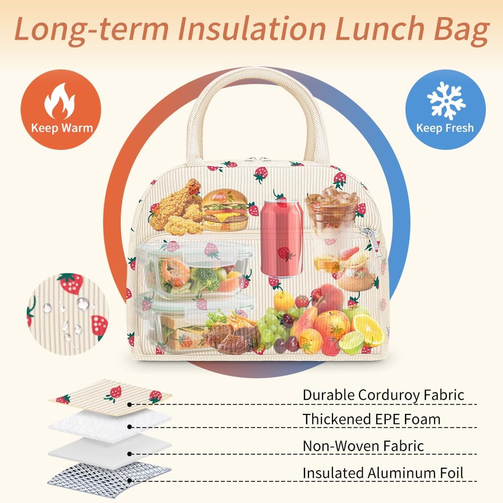 Coobiiya Corduroy Lunch Bag - Insulated Strawberry Tote for Work, Travel & Picnics - Large Capacity
