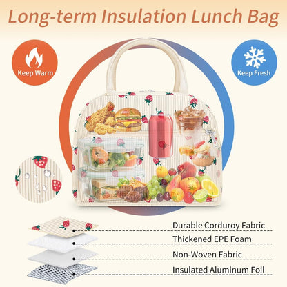 Coobiiya Corduroy Lunch Bag - Insulated Strawberry Tote for Work, Travel & Picnics - Large Capacity