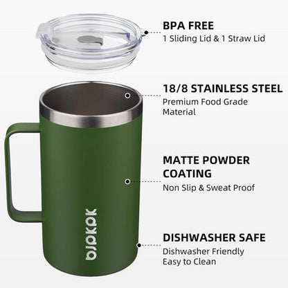 BJPKPK Insulated Coffee Mug - 25oz Stainless Steel Tumbler with 2 Lids & Handle | BPA Free, Forest Green