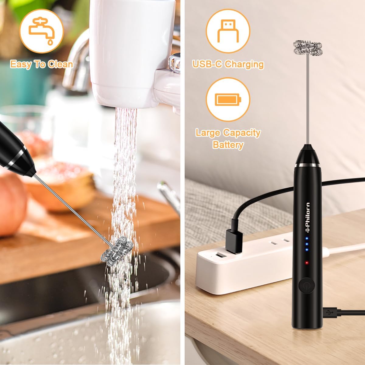 Philorn Milk Frother - Handheld Electric Whisk for Lattes, Cappuccino & More | Rechargeable Mini Foamer (Black)
