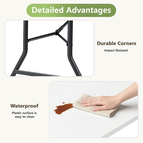MAKE CHANGES 8ft Folding Table, Heavy Duty Plastic Card Table with Foldable Steel Legs, Metal Frame Support up to 800 lb, Portable for Indoor, Outdoor, Picnic, Camping, Dining, Party, White