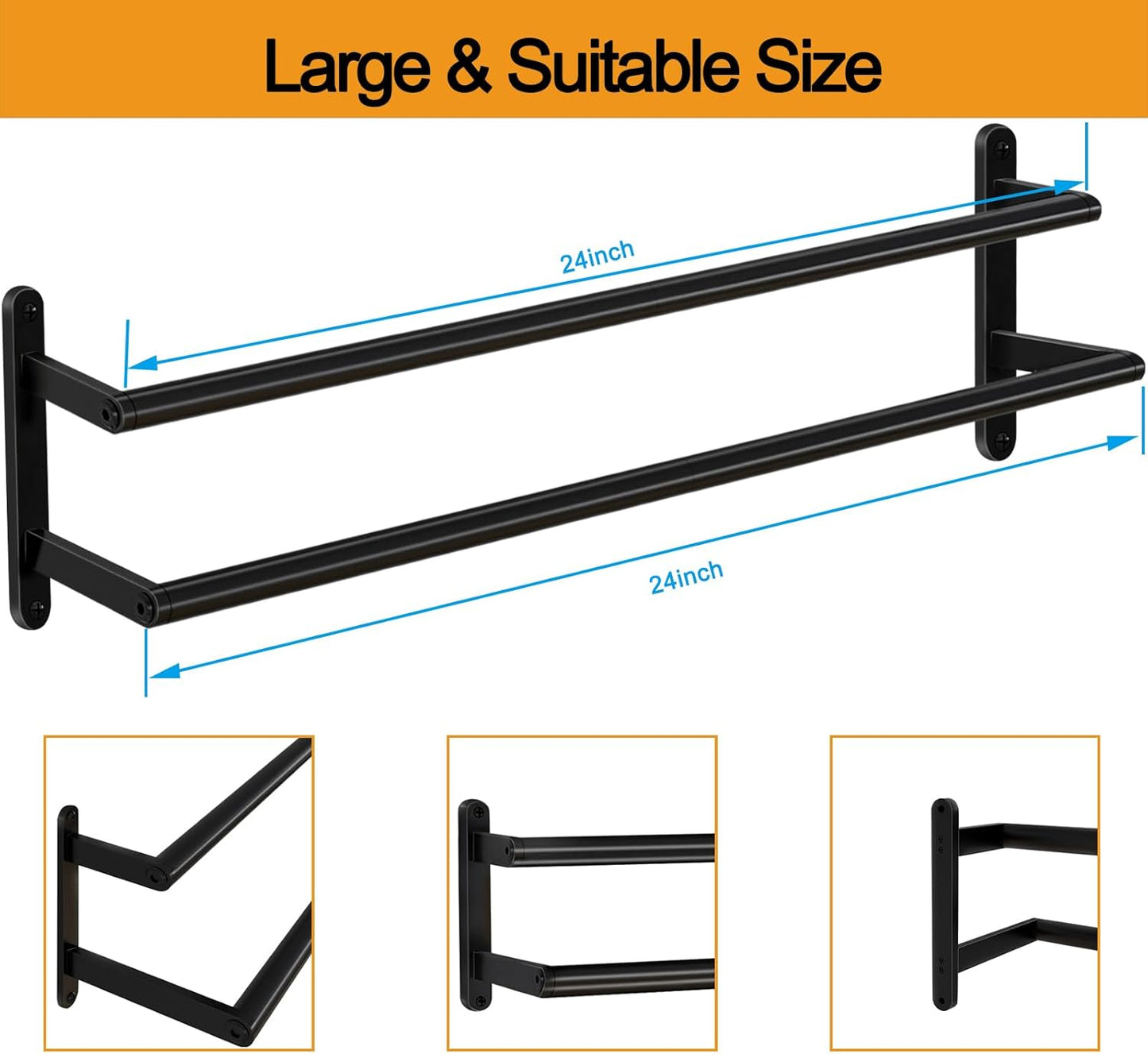 Skiennix Double Towel Bar - 24-Inch Stainless Steel Bath Rack | Matte Black Wall-Mounted Holder