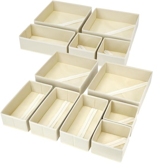 DIMJ Drawer Organizer - 12 Pack Foldable Fabric Storage Bins for Clothes | Beige Dresser Dividers
