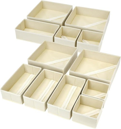DIMJ Drawer Organizer - 12 Pack Foldable Fabric Storage Bins for Clothes | Beige Dresser Dividers