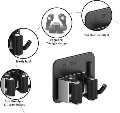 Skiennix Broom Holder Wall Mount - 3-Piece Mop and Garden Tool Organizer - Durable 304 Stainless Steel (Black)