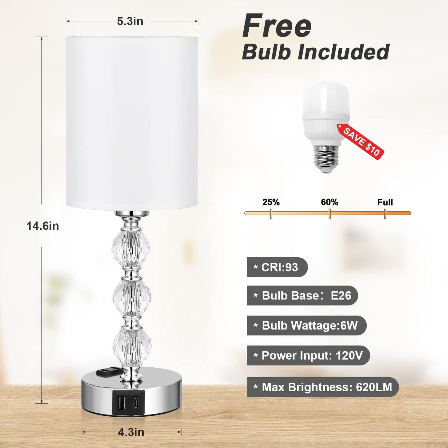 Touch Bedside Crystal Lamps for Bedrooms Nightstand with USB C+A Charging Port and AC Outlet White, 3 Way Dimmable Silver Small End Side Table Lamp for Living/Guest/Dinning Room/Kitchen