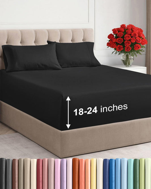 Skiennix Extra Deep Twin XL Sheet Set | 4-Piece Breathable Cooling Bedding - Soft, Wrinkle-Free, Black