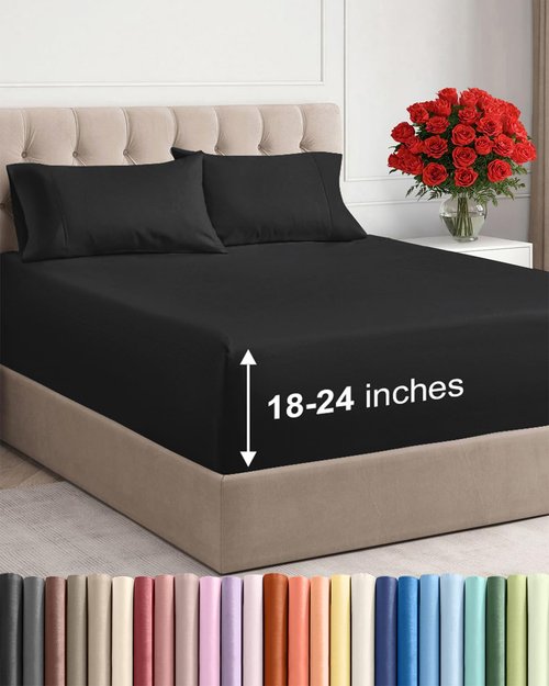Extra Deep Twin XL Sheet Set - 4 Piece Breathable and Cooling Sheets - Hotel Luxury Bedding for Women, Men, Kids & Teens - Easy & Secure Fit - Soft, Wrinkle Free and Comfy - Extra Deep Pockets - Black