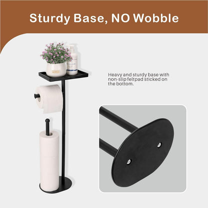 Skiennix Free Standing Toilet Paper Holder - Sturdy Black Tissue Roll Stand with Phone Shelf, Holds 5 Rolls