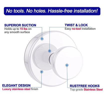 Bntuk Suction Cup Hooks for Shower, Removable Towel Hooks for Bathroom Window Glass Door Wall, Bath Robe Looafh Hook for Hanging - 2 Pack, White