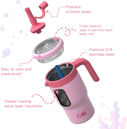 OISIZ 14oz Kids Tumbler - Leakproof Stainless Steel Cup with Straw Lid & Handle | Pink
