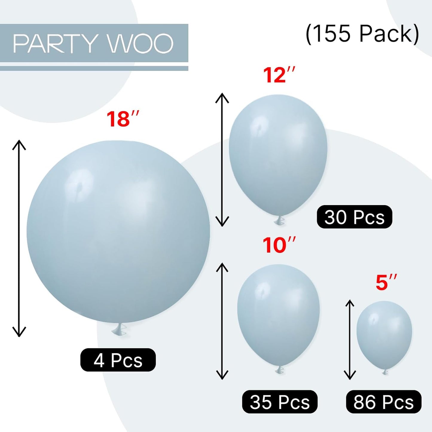 PartyWoo Dusty Blue Balloons - 155-Piece Boho Balloon Arch Kit | 18", 12", 10", 5" Sizes for Celebrations