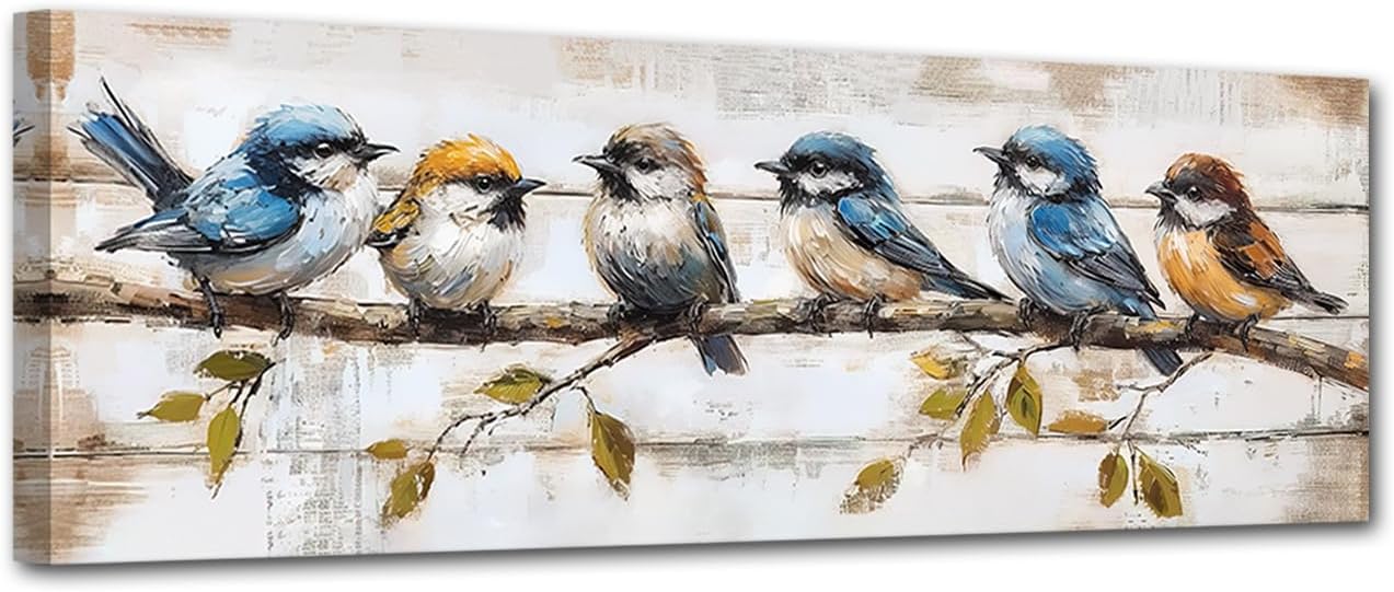 PBXBJY Bird Canvas Wall Art - Colorful Birds on Tree Branch | Framed Animal Painting for Living Room (8" x 24")