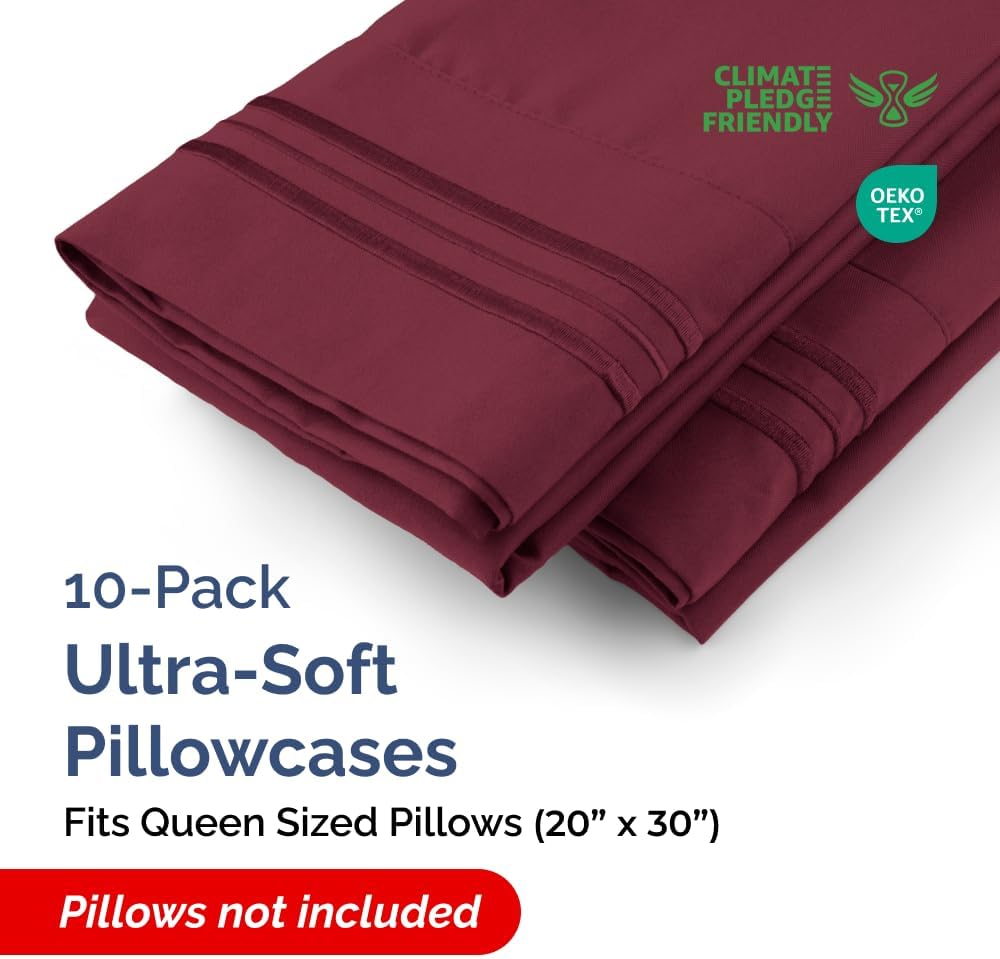 Ultra Soft Queen Pillow Cases Set of 10 | Hotel Quality, Wrinkle-Free & Stain Resistant - Burgundy
