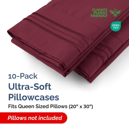 Ultra Soft Queen Pillow Cases Set of 10 | Hotel Quality, Wrinkle-Free & Stain Resistant - Burgundy