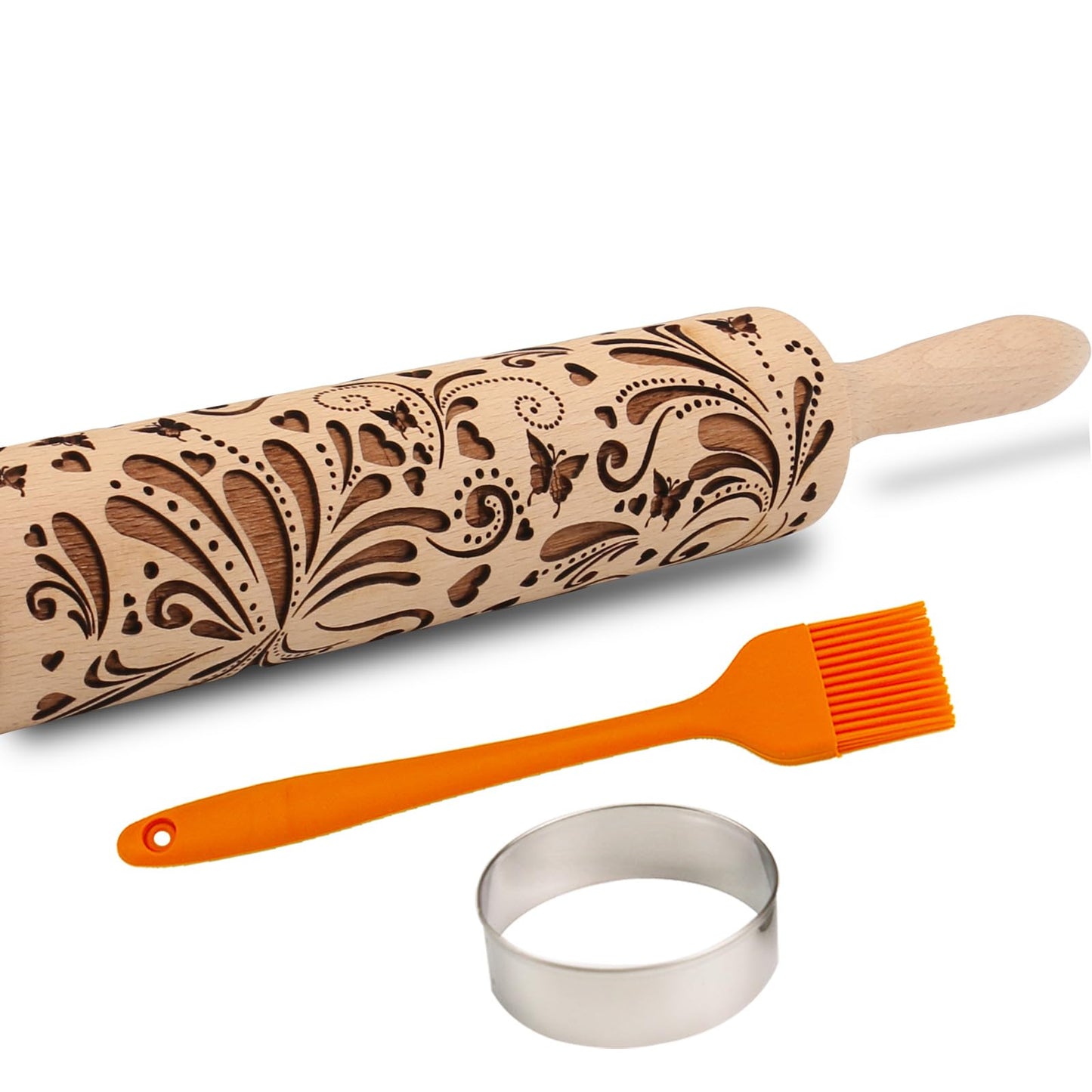 Embossed Rolling Pin for Baking Cookies Embossing Rolling Pins with Design Wooden Engraved Springerle Roller Pin Dough Christmas Patterned Clay Pottery Ceramic Bakers Women (Floral Butterfly Flower)