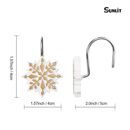 Sunlit Christmas Shower Curtain Hooks - Snowflake Resin 12 Pack, Gold/White