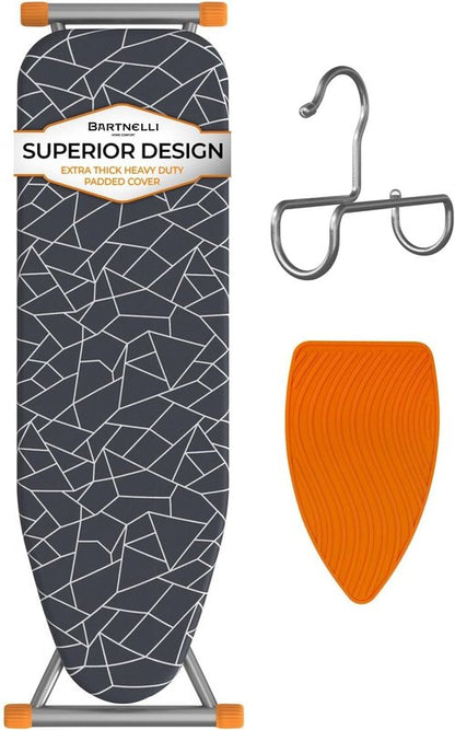 Bartnelli Compact Ironing Board, 13x43 Space-Saving Steel Foldable Iron Board, 4 Layer Cotton Cover, Adjustable Height, Bonus Hanger and Silicone Iron Pad